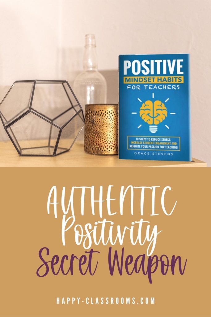 A book on how to have a positive mindset for teachers sitting on a shelf with other decorative items