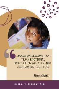 a student looking up from a book with a quote saying to focus on lessons that teach emotional regulation all year, not just at test time